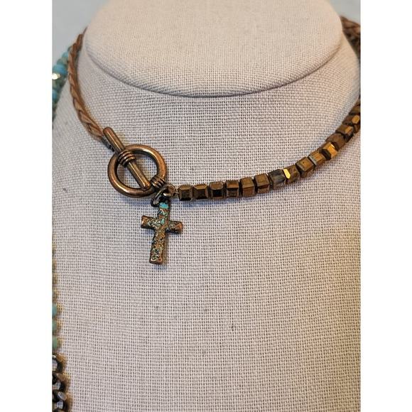 Turquoise Bead, Bronze, Copper, Braided Cord, Toggle Clasp Cross Charm Necklace - Picture 6 of 12